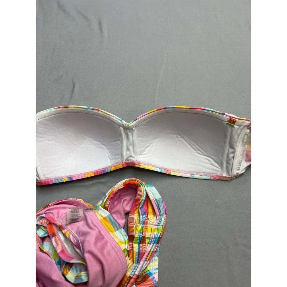 Bleu Rod Beattie Plaid Bandeau Bikini Multi Color Pink Yellow 12 Top 14 Bottom